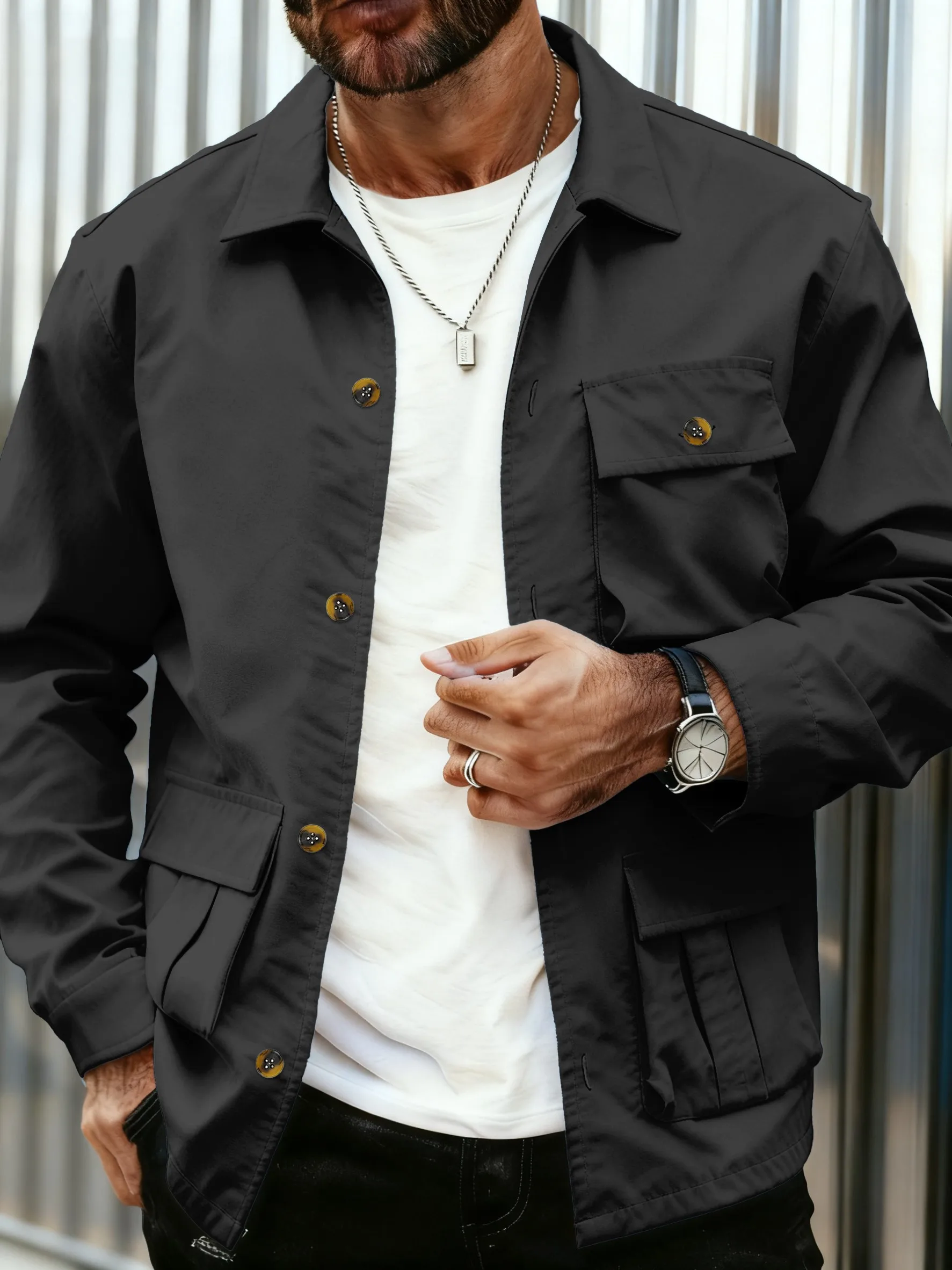 Picture 6: Men's Spring Autumn Workwear Jacket with Multiple Pockets Casual Pilot Open Cardigan Button Large Pocket Outerwear
