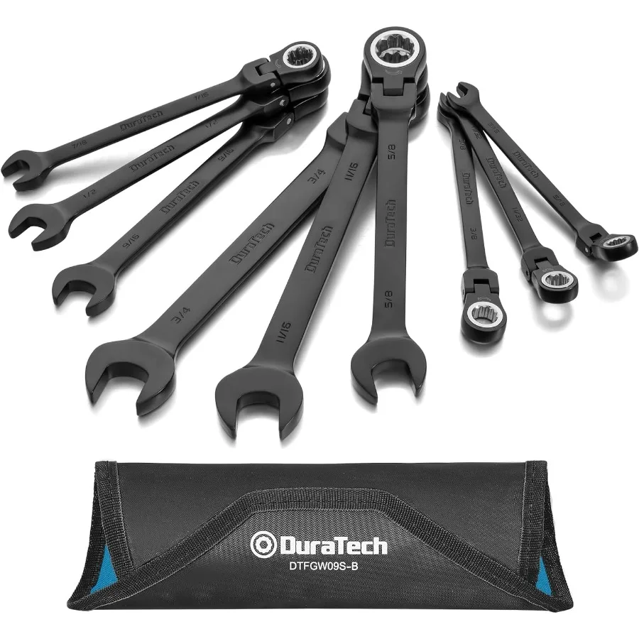 DURATECH 9-Piece Flex-Head Ratcheting Wrench Set Combination Wrench Set 72 Tooth SAE 5 16'' to 3 4'' Black Electrophoretic Coat