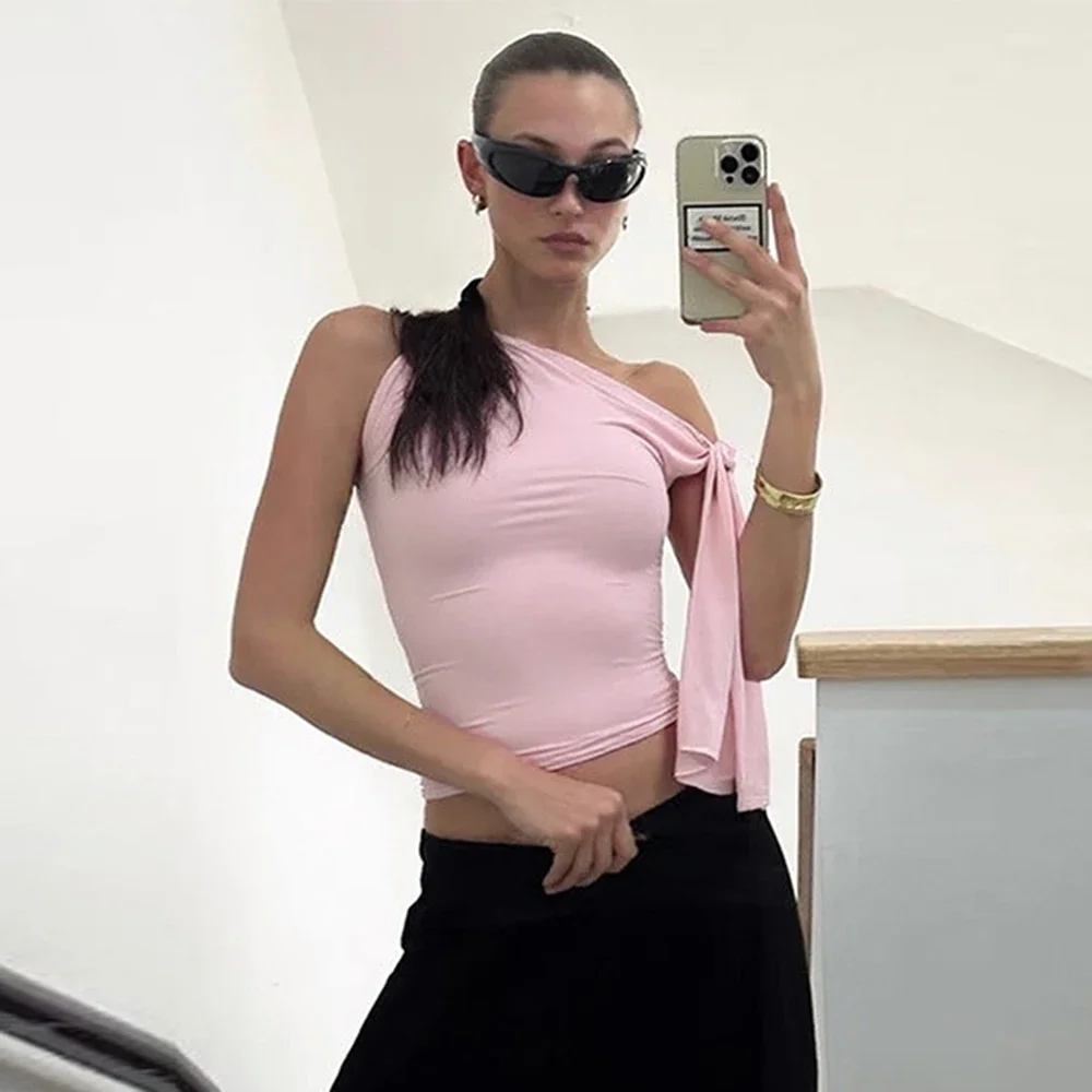 

Sexy Irregularly Vest Top For Women One Shoulder Lace Up Sleeveless Top 2025 Summer Lady Solid Fashion Party Top Women