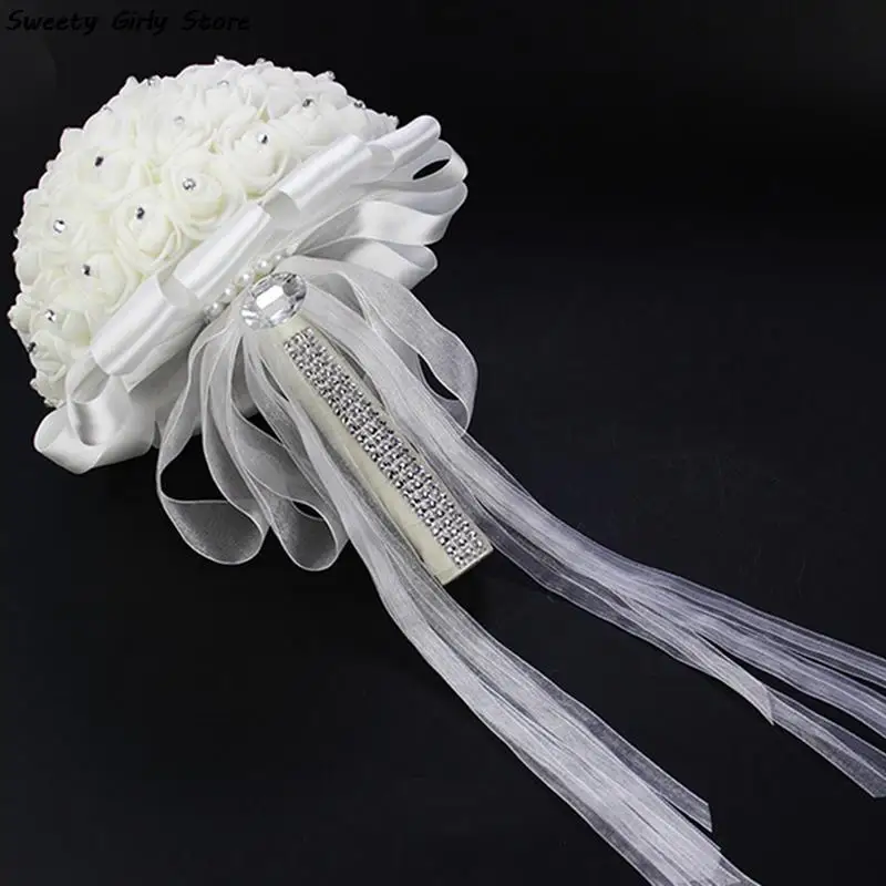 

White Flower Wedding Bridal Bouquets Artificial Rose Party Decoration Romantic Bridal Lace Floral for Women Valentine's Day