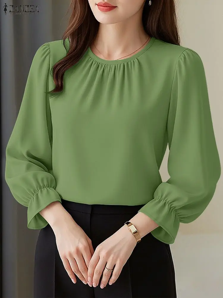 

2025 ZANZEA Women Autumn Blouse Stylish Solid OL Work Shirt Casual O Neck Long Sleeve Tops Elegant Party Tunic Oversize Chemise