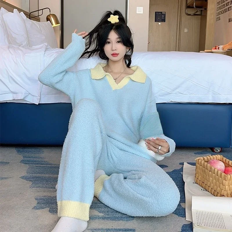 Sweet Color Contrast Intensification Loungewear Set Can Worn Outside Pijama Autumn Winter Squishy Half Pile Pajamas Female