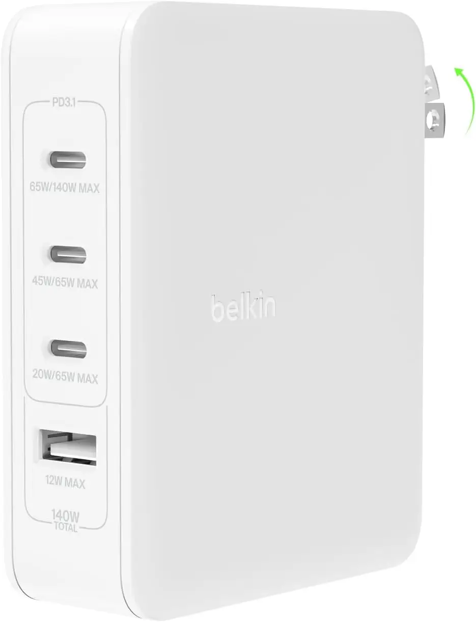 

Зарядное устройство GaN 140 Вт с 4 портами, быстрая зарядка USB-C и USB-A для ноутбуков, телефонов, планшетов и игровых консолей - белый