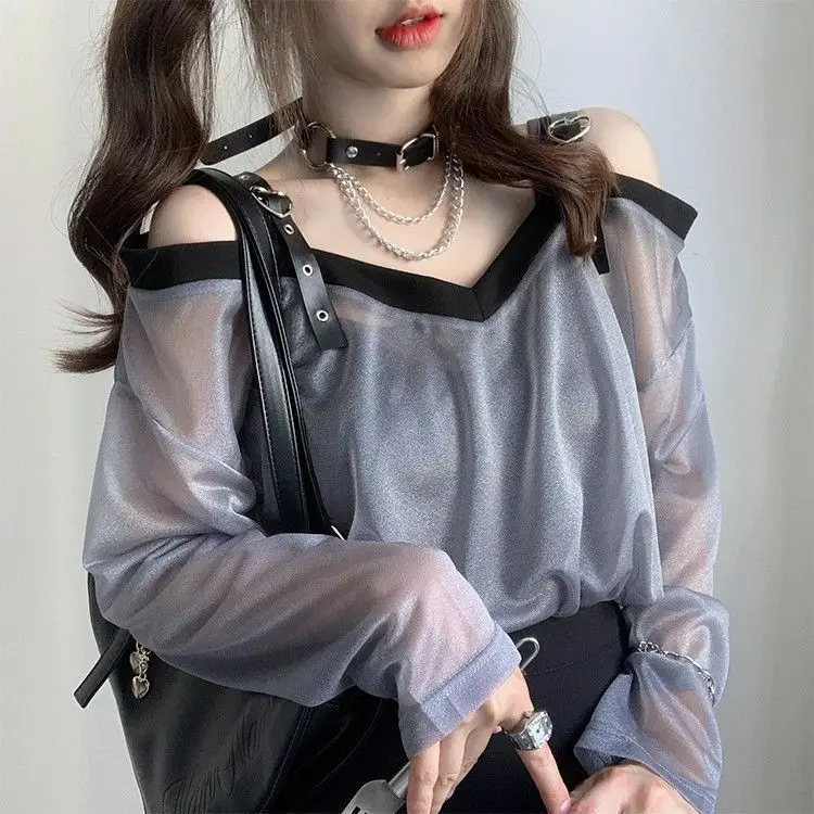 

Japan Off-Shoulder Mesh Leather Buckle Suspender T-Shirt Thin Jacket Long-Sleeved Sunscreen See-Through Top Hot Girl Design Top