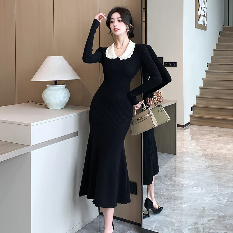 Fall Winter Korean Style Sexy Long Sleeve Doll Collar Bodycon Fish Tail Dress Polyester Fabric Tummy Control Women's Dress