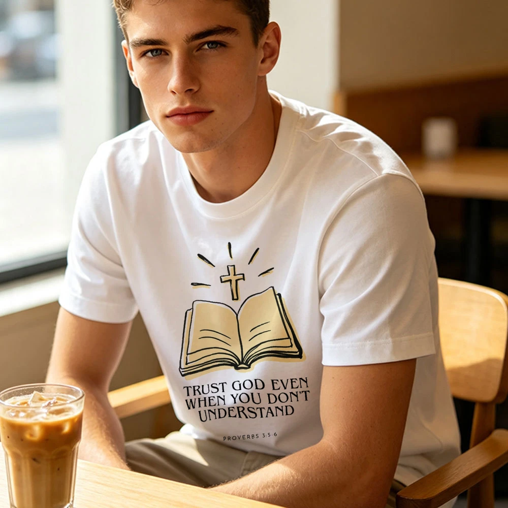 Open Holy Bible Book With Radiant Glowing Cross Trust God Even When You Do Not Understand Print Men White T Shirt