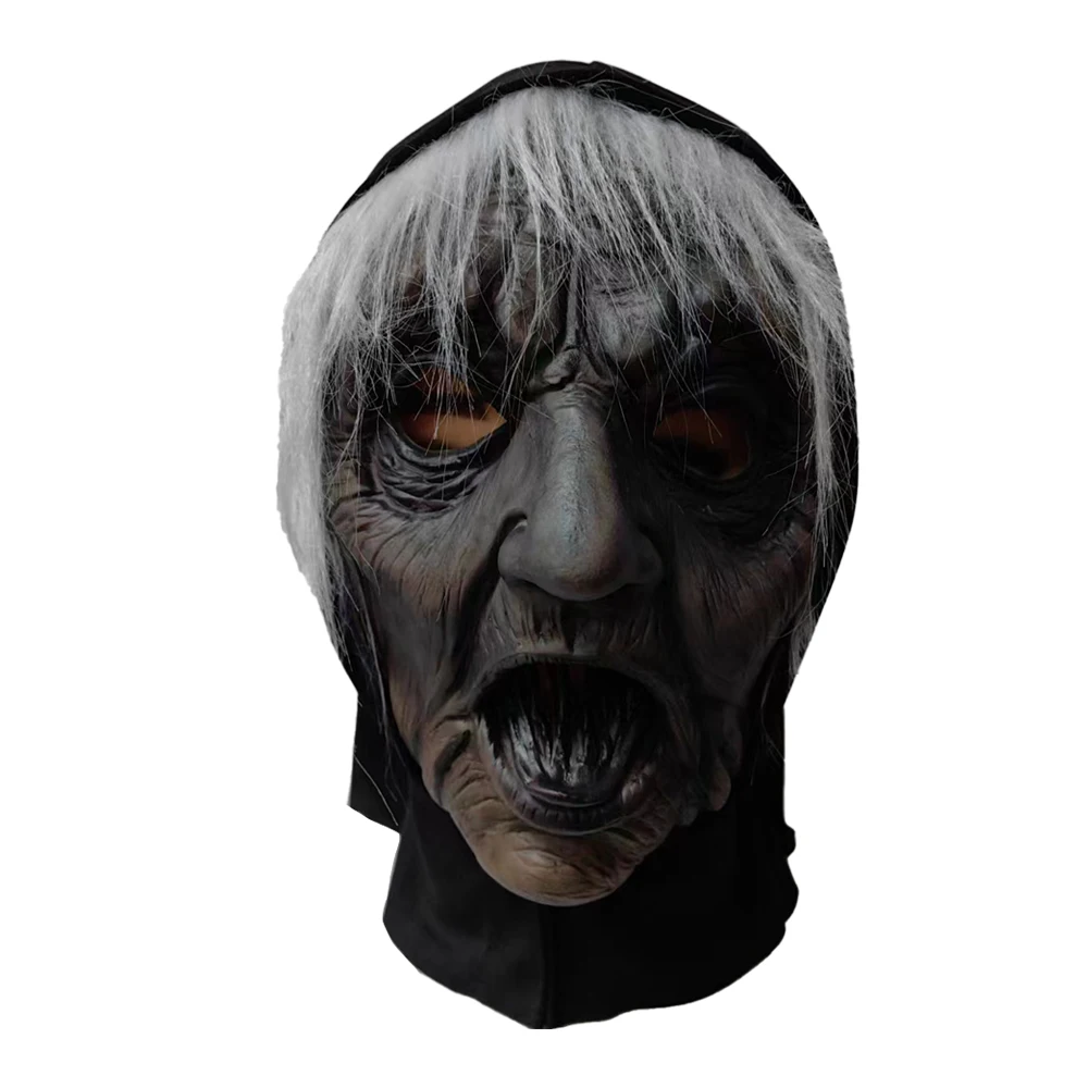 

Horror Witch Mask Cosplay Black Ghost Face White Hair Curly Tongue Sorceress Latex Helmet Halloween Party Costume Props