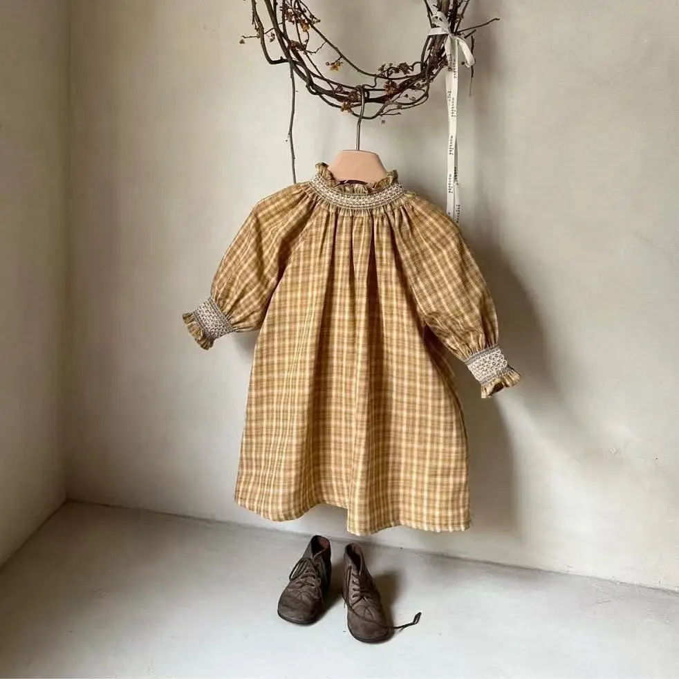 Baby Girl Vintage Plaid Smocked Dress Spring Autumn Forest Style Bubble Sleeve Stand Collar Long Toddler Dress 73-100CM