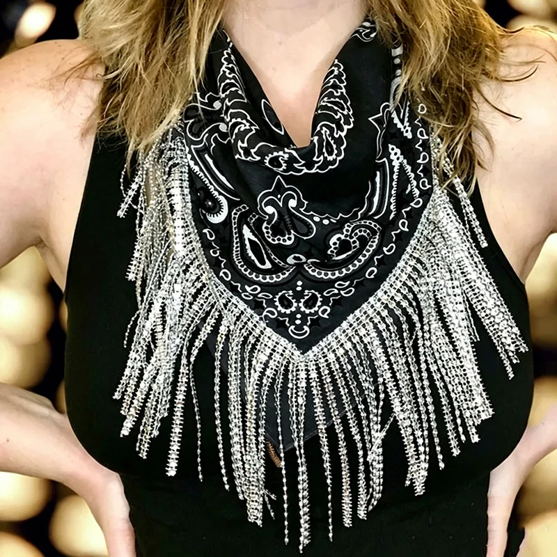 Cowgirl Bachelorette Fringe Paisley Scarf Rhinestones Bandanas Cool Girl Tassel Neckerchief Bandanas for Women