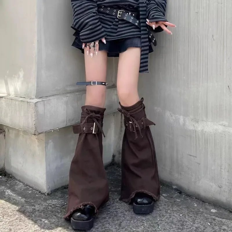 Japanese Subculture Fashion Design Sense Denim Pantyhose Brown Straps Leg Warmers Female Y2k Soft Girl Wide Leg Horn Calf Cover