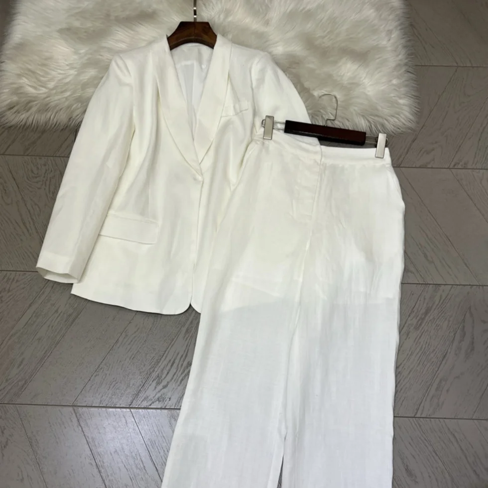 Women's Summer New Long Sleeve White Single-Breasted Blazer Wide Leg Pants Set