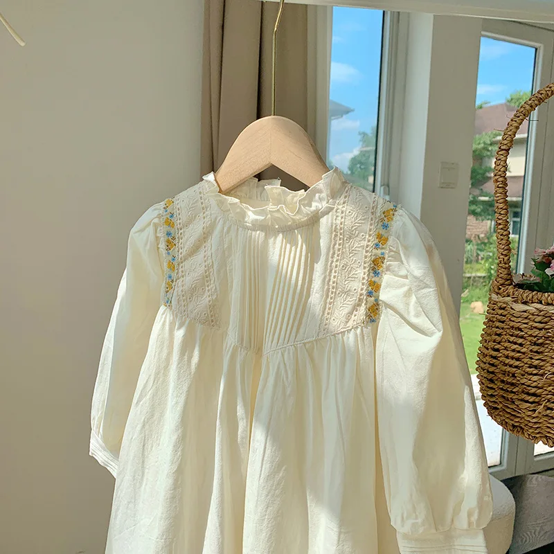 French Pleated Stand Collar Embroidered Girls Dress Sweet Korean Kids Clothing Spring 2026 Lace Children's Princess Skirt
