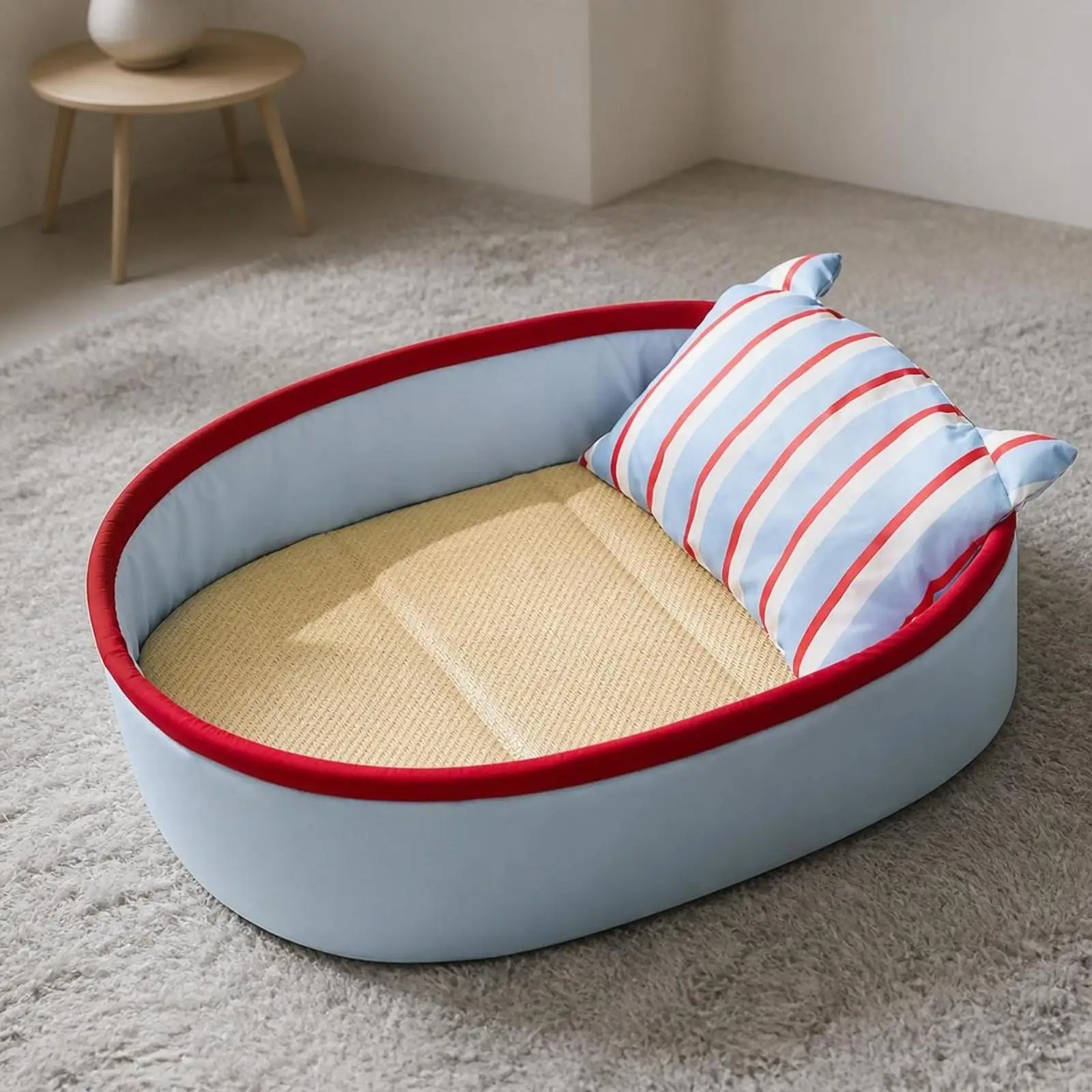 Cozy Oval Pet Bed for Large Dogs Raised Sides Comfortable Nap Space Rattan PP Cotton Washable Cushion for Indoor Pets