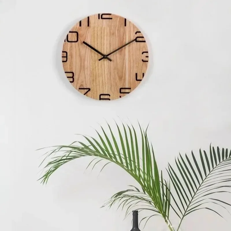 Solid Wood Nordic Silent Wall Clocks Circular Wood Grain Borderless Living Room Wall Clocks Modern Simple Creative Home Decor