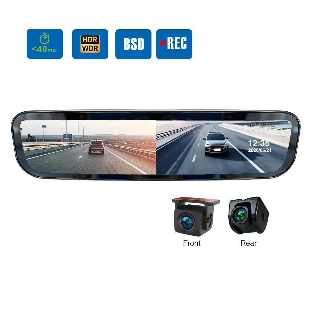 PJAUTO New Generation 9.6 Inch OE LVDS Digital Streaming Mirror with Dual HD Recording & Intelligent BSD