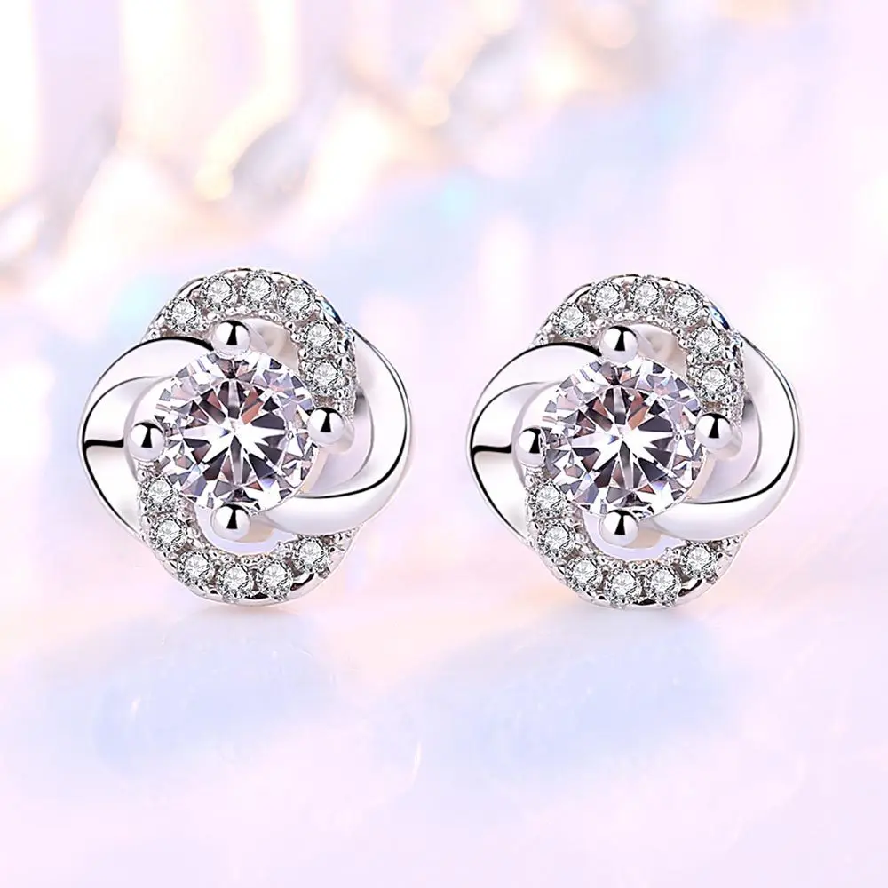 

Fine 925 Sterling Silver Four Leaf Clover Stud Zircon Earrings For Women Wedding Party Fashion Charm Jewelry
