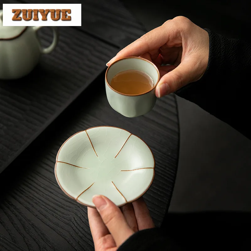 2pc/set Ru Kiln Azure Tea Cup Set Zen Ceramic Master Cup Small Tasting Tea Bowl Cup Saucer Kit Tea Pair Tea Ceremony Gift Box