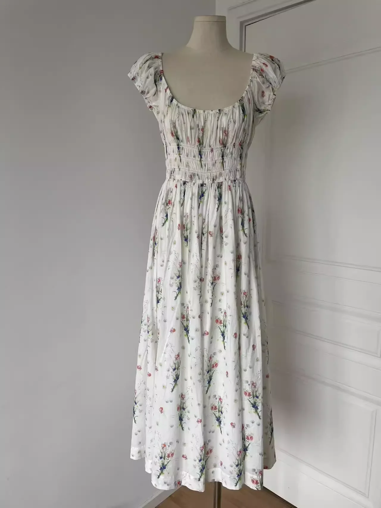 

Women Flower Print Pure Cotton Midi Dress Square Collar Puff Sleeve Elastic Waist Holiday dress