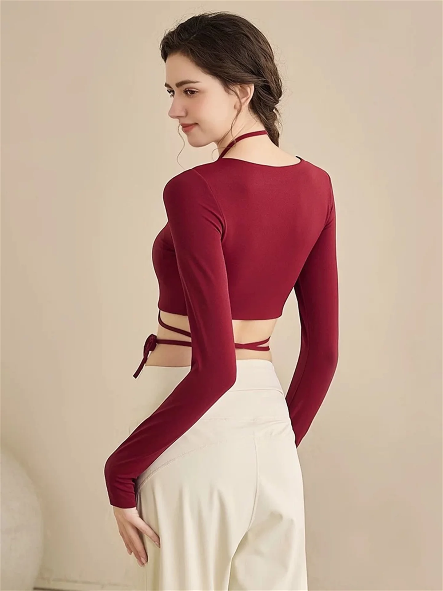 

Sexy Strap Yoga Top Women's Long Sve T-irt Pilates Training Fitn Sportswear High Waist Nylon Fabric Autumn Winter