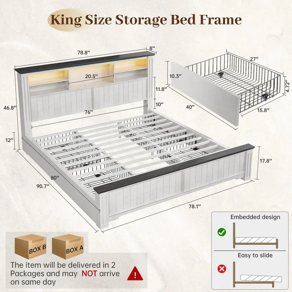 

King Bed Frame and Headboard, King Size Bed Frame with 4 Storage Drawers, King Bed with LED Lights amp Charging Ports,No Box Sp