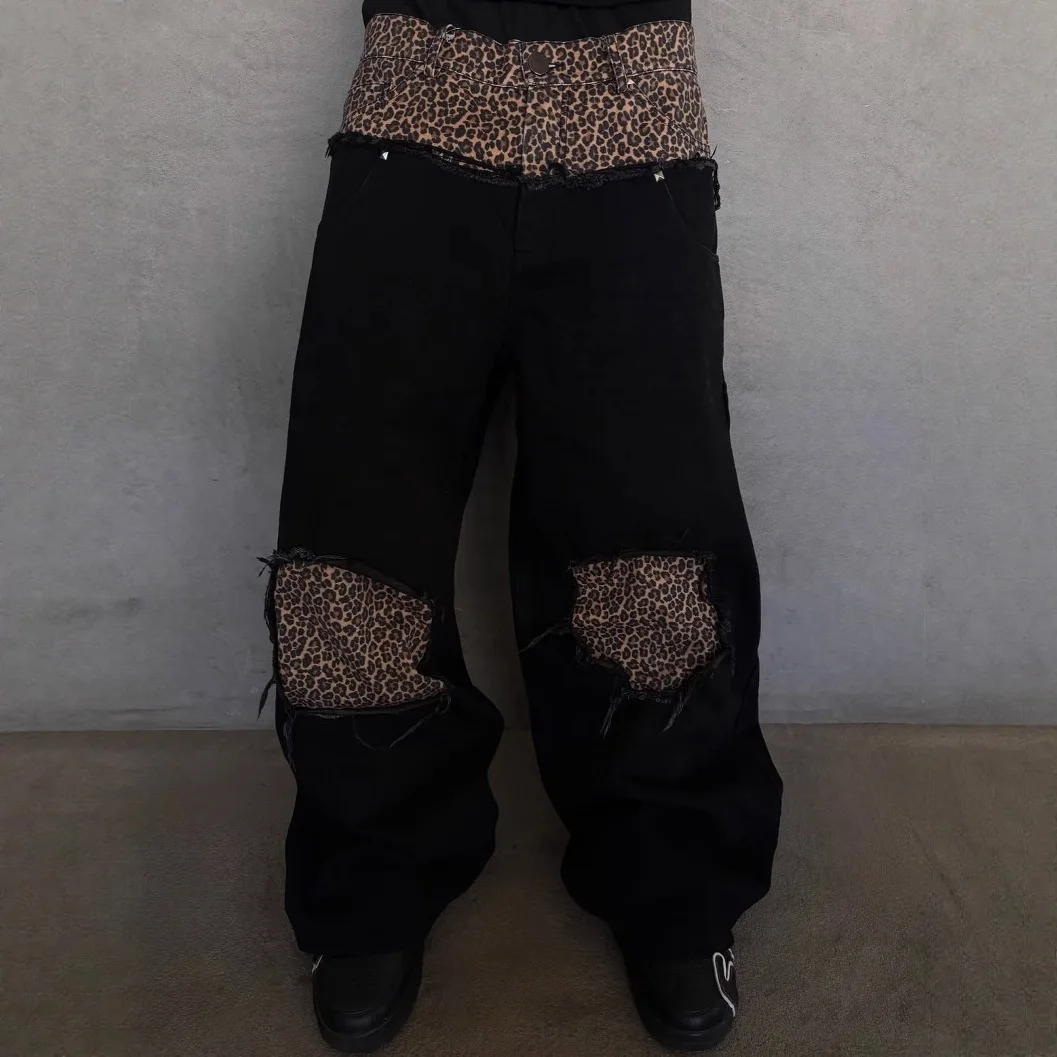 

Retro leopard print patchwork men's high street hip-hop loose fit high waist wide leg casual pants jeans autumn and winter Y2K