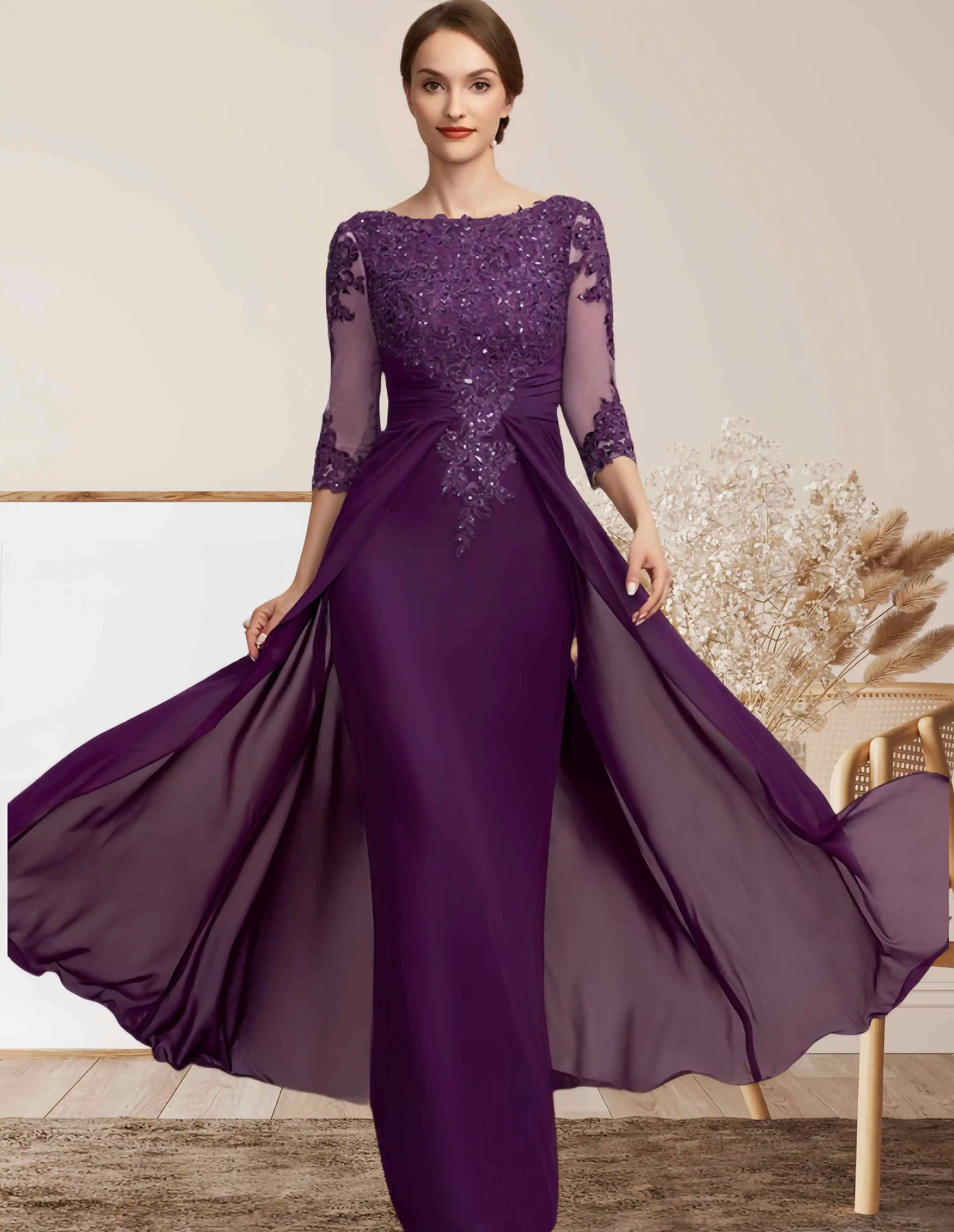 LinasBridal-Vestido para a mãe da noiva com apliques e miçangas, pescoço colher, até o chão, manga 3/4, convidado de casamento formal, 2024