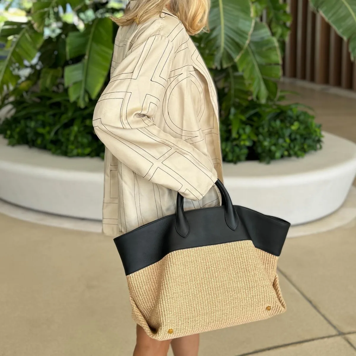 

New Straw Shoulder Bag For Women Large Capacity Rattan Handle Splicing Beach Bag Travel Vacation Woven Totes Bag