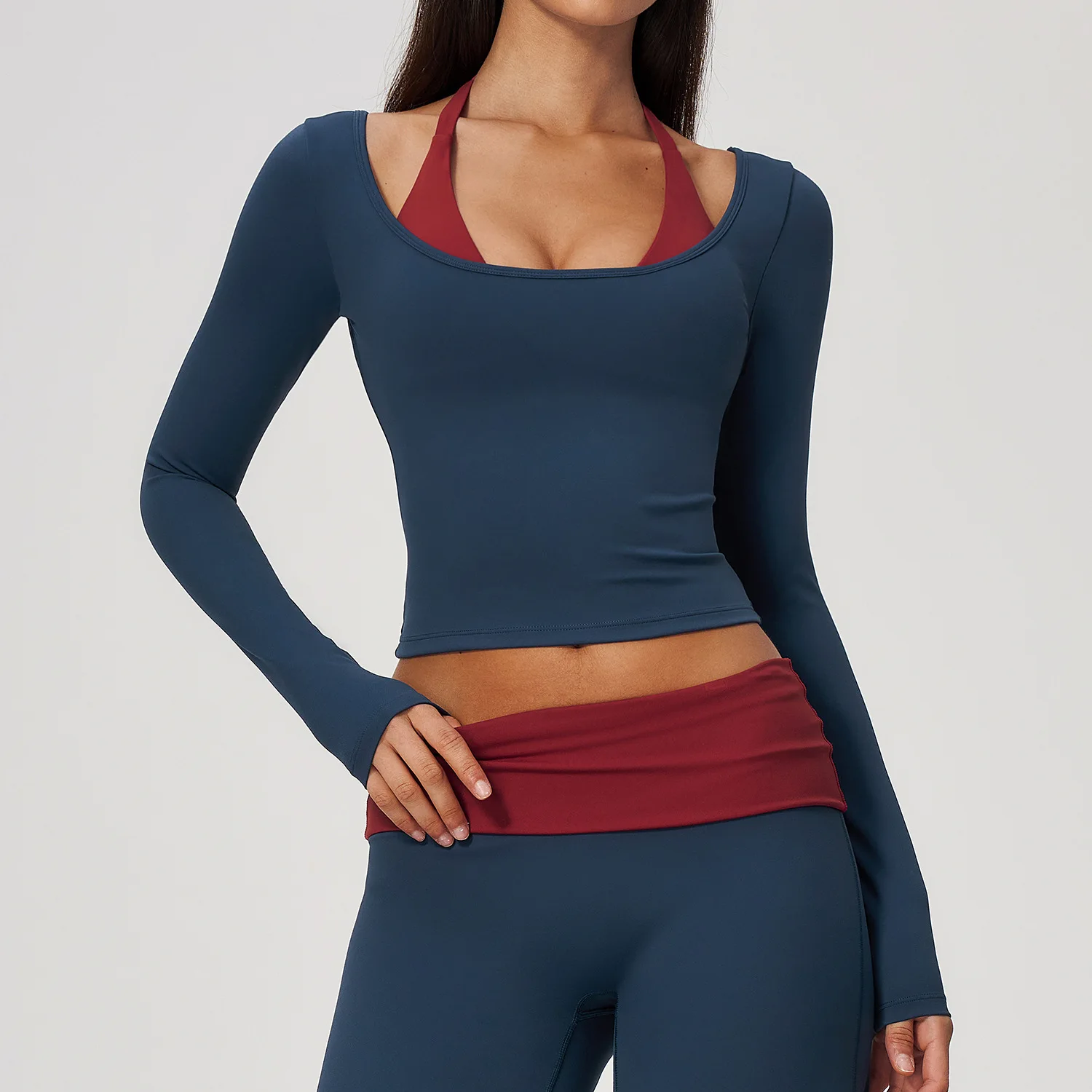2-in-1 Fake Two Piece Halter Yoga Top Long Sleeve Slim Fit Crop Quick Dry Breathable Workout Shirt with Removable Built-in Bra
