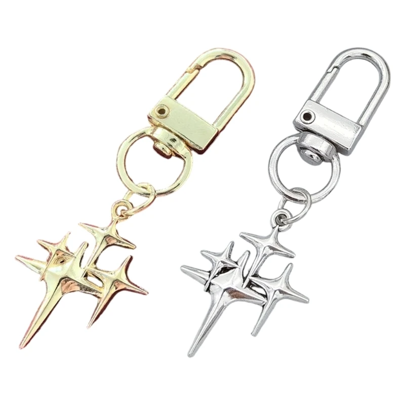 573B Elegant Alloy Moon Star Keychain with Unique Four Pointed Design Trendy Moon Accessory for Everyday Carry