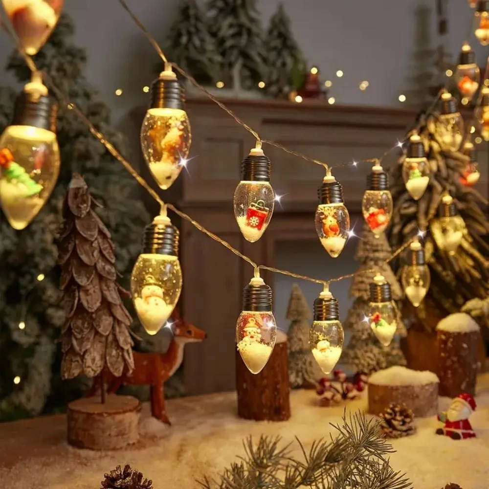 Christmas Pinecone Bulb String Lights, LED Transparent Bulb Fairy Lights with Snow & Xmas Figurines, for Indoor Home Decor