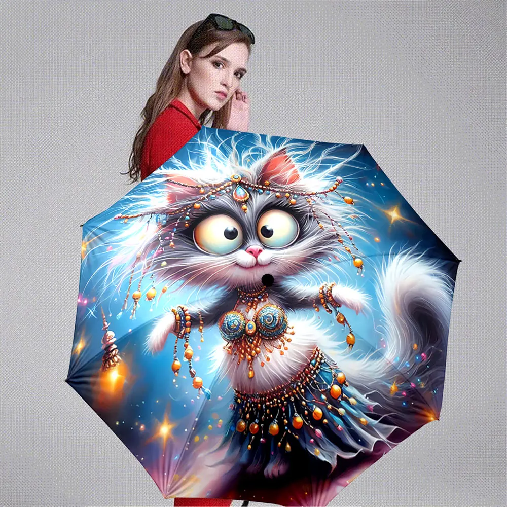 Dancing Cat with Jewelry Design on Starry Blue Background Portable Folding Umbrella, Gift for Family And Friends