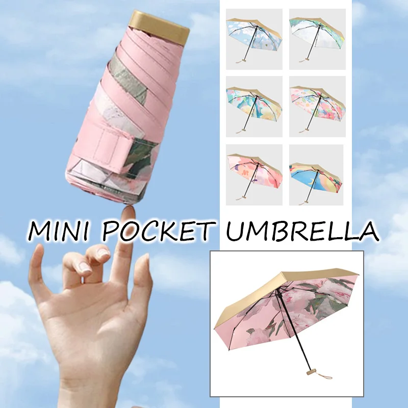 

Oil Painting Print Mini Travel Sun&rain Umbrella Summer Sunshade UV Protection Lightweight Windproof Portable Pocket Parasol