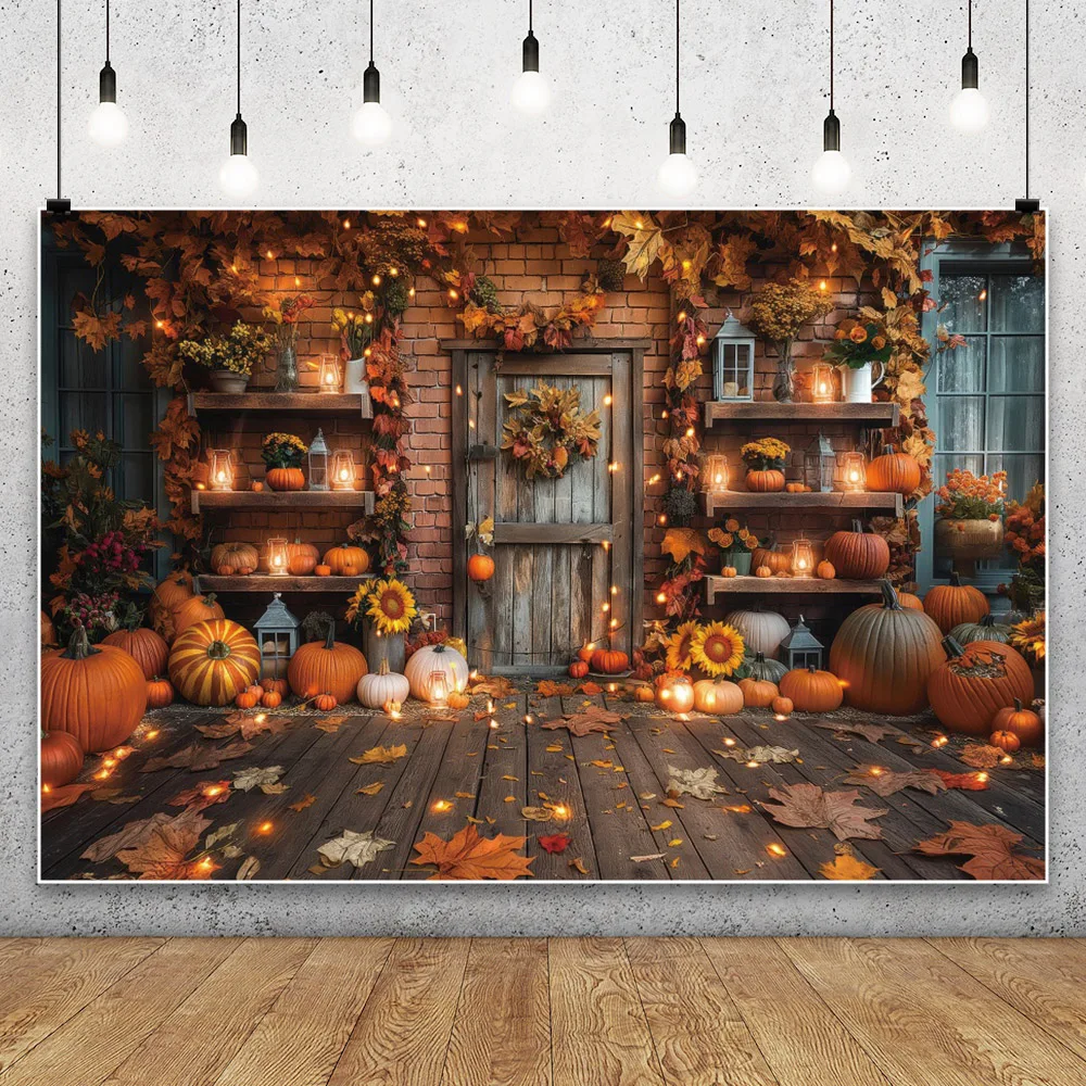 Autumn Thanksgiving Photography Backdrop Fall Barn Wooden Door Harvest Background Pumpkin Baby Shower Portrait Photographic Prop