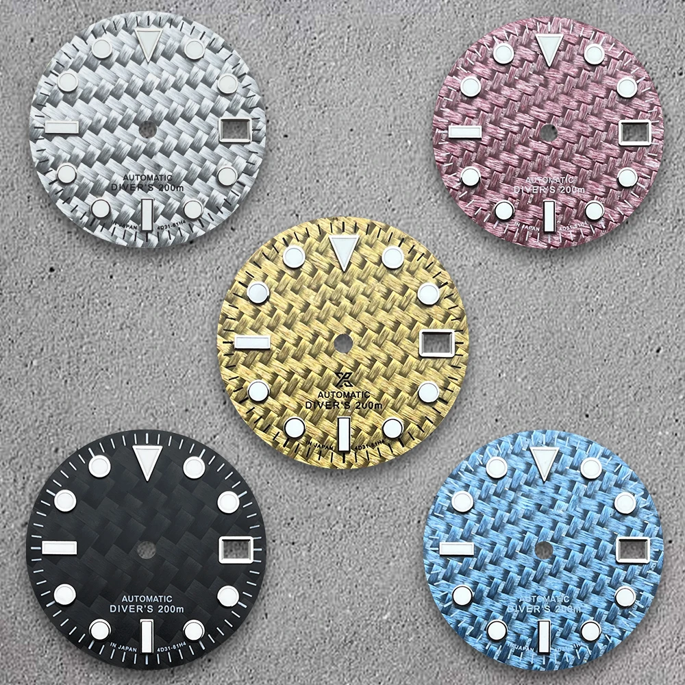 

Golden/Pink/Blck/Blue Carbon fiber surface 28.5mm S Logo Dial Suitable For NH35/NH36/4R/7S Movement Watch Green Luminous