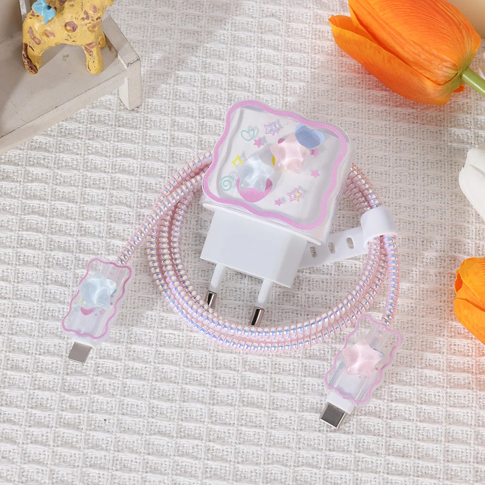 3D Flowers Charger Protector Cable Organizer for iPhone 15 14 13 12 ProMax 20W 18W Type C  Data Cable Management Cord Winder Kit