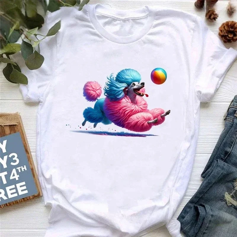 Colorful Poodle Love Ball Animal Printed Tshirt Girls Funny White T Shirt Women Summer Tops Fashion Short Sleeve T-Shirt Female