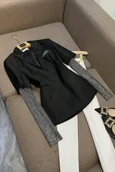 Chic Rhinestone Designed Mesh Patchwork Lady Office Wear Women Long Sleeve Single-breasted Casual Blazer