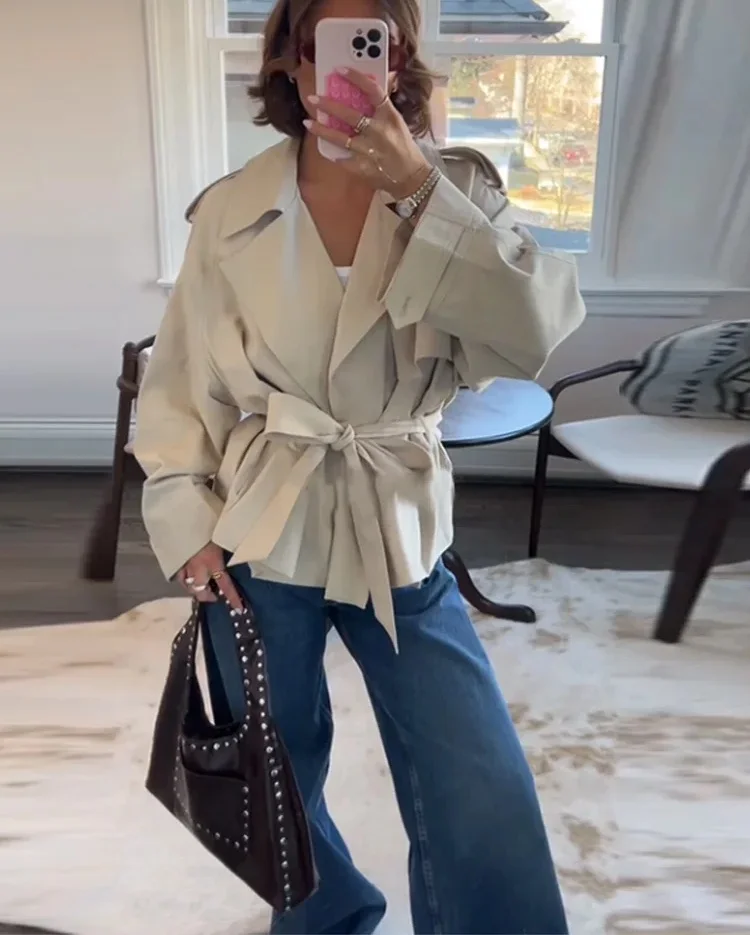 Fashion Lace Up Ruched Trench Coat Women Solid Loose Lapel Full Sleeve Jackets Female 2025 Spring Summer Lady Commute Coats New