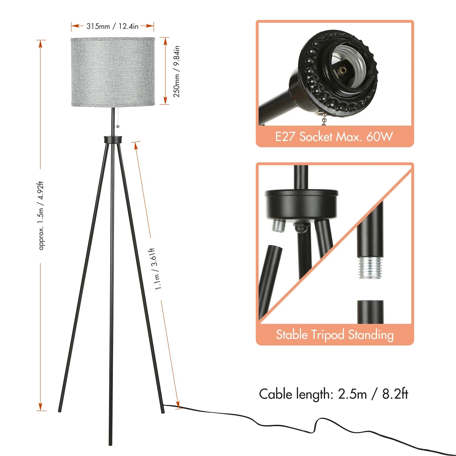 

Tomshine Pulling Tripod Floor Lamp Modern Design Standing Light with Linen Lampshade for Living Room Bedroom Study Room