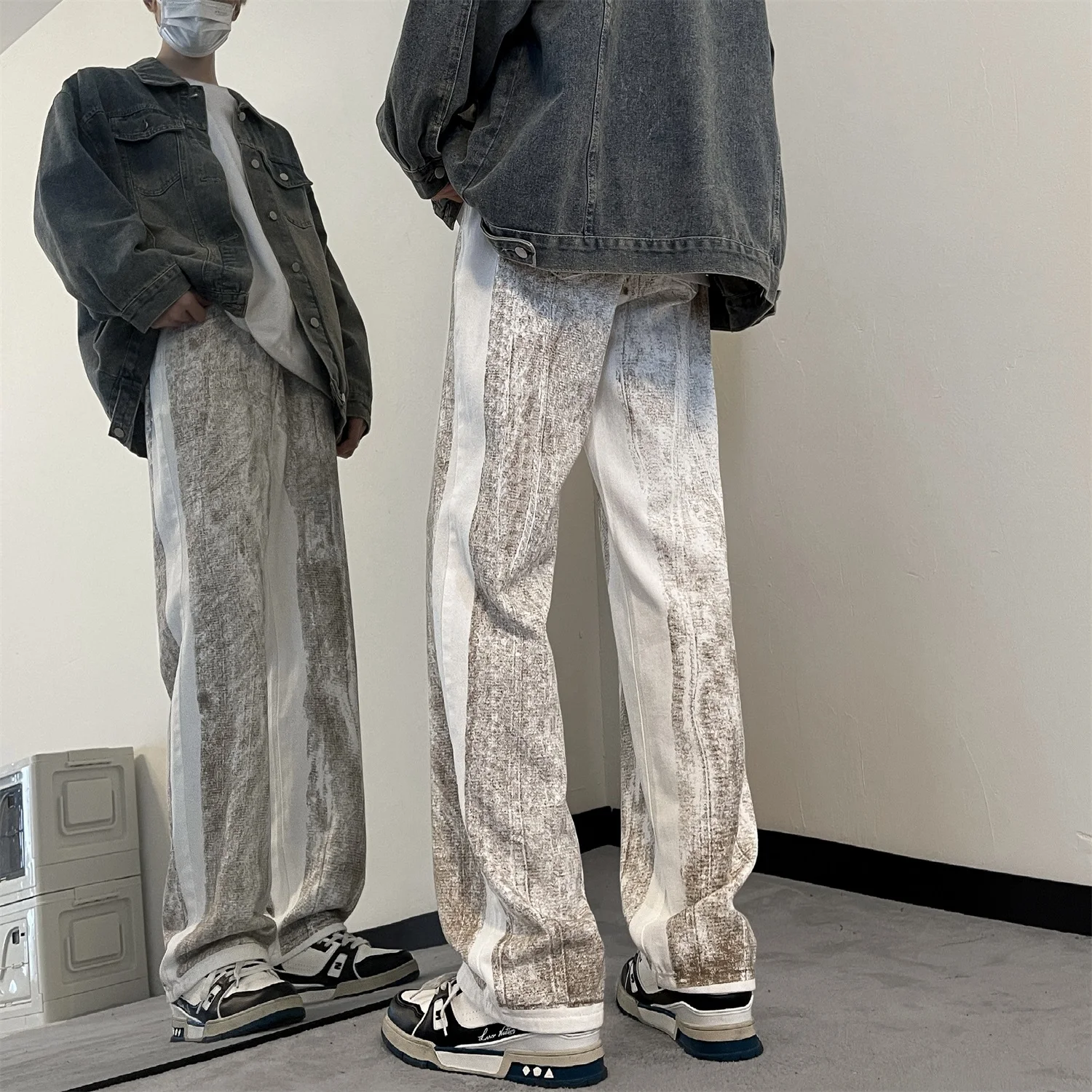 Distressed Vintage Patchwork Jeans Pants Men Casual Straight Denim Trousers Male Streetwear Fashion Jeans Black/Blue/Coffee