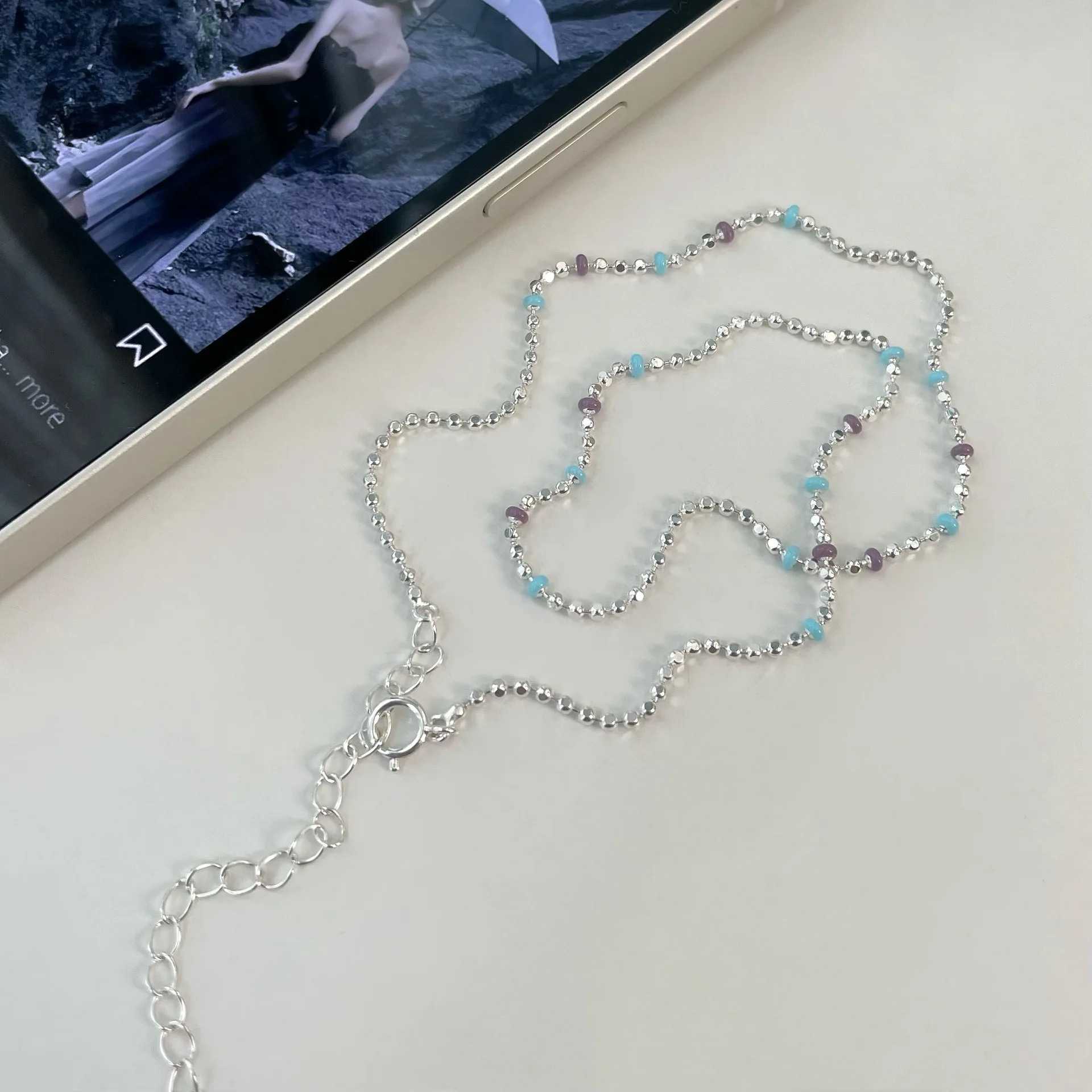 

S925 pure silver dopamine blue-purple bead necklace ins simple bracelet niche design collarbone chain
