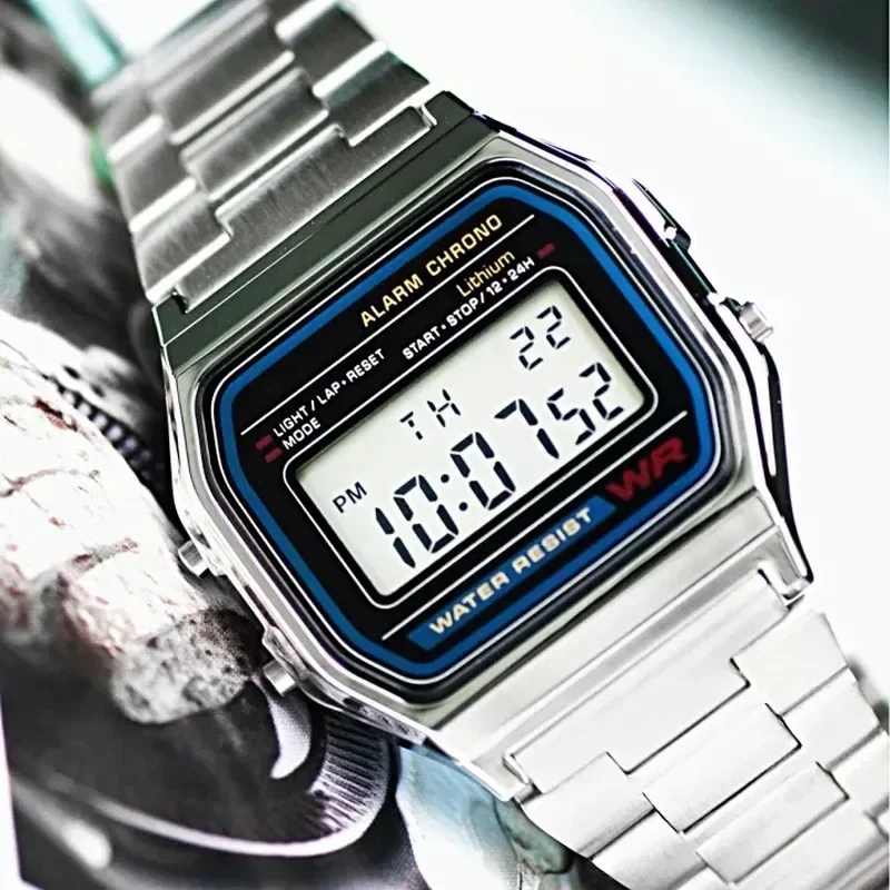 F91W jam tangan gelang Digital Retro, jam tangan militer olahraga baja tahan karat tahan air pria wanita, jam tangan elektronik