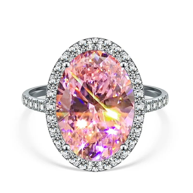 

Luxury 925 sterling silver ring, pink zircon large egg-shaped inlaid zircon fashion women's ring, multi-color zircon jewelry