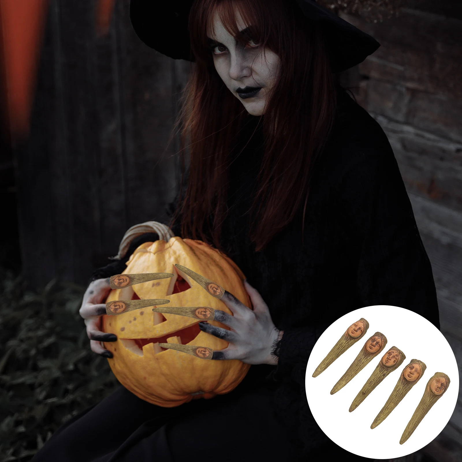 Set di 5 unghie finte con dita di strega in plastica per oggetti di scena per feste in costume di Halloween Accessori per cosplay di burattini Zombie H