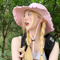 Korean Pastoral Style Retro Ruffle Edge Brim Drawstring Bucket Hat Summer Travel Sun Protection Versatile Fashion Women's Caps