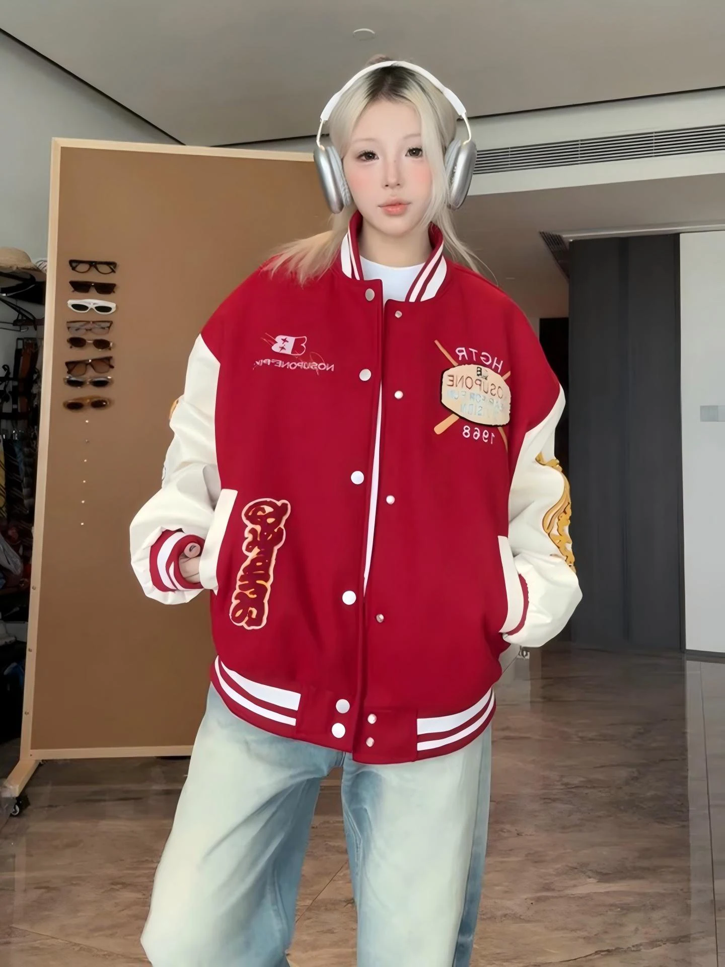 

American Red Embroidery Baseball Jaet Men's Autumn PU Leather Patchwork Hip Hop Design Loose Fit Jaet Youth Faion