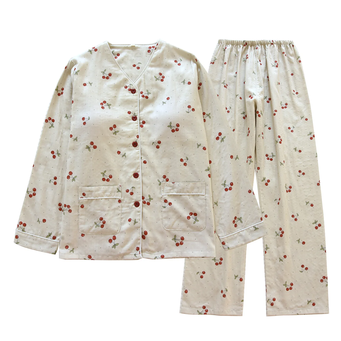 Women's Spring and Summer Cotton Pyjama With Breast Pad Long Sleeve Shirt Pants Set Pajamas