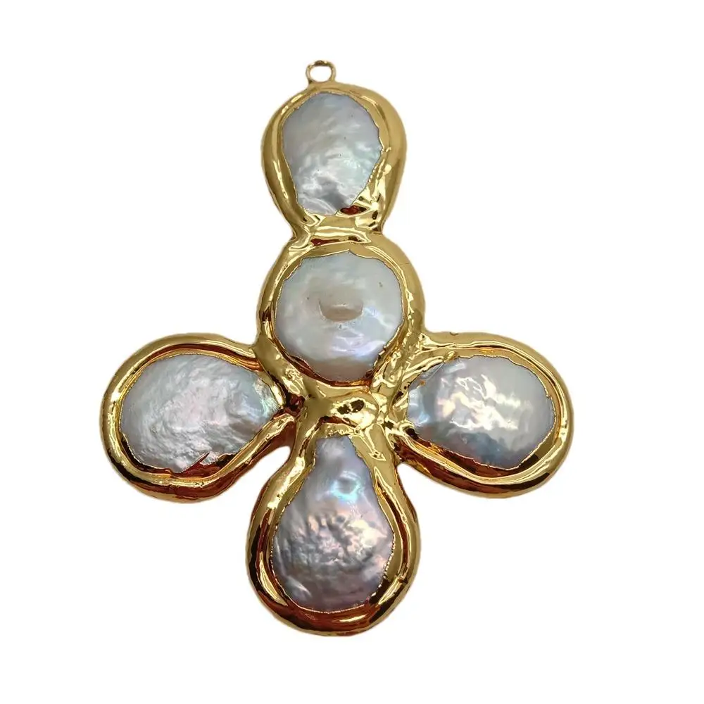 

5 Pcs Cultured White Coin Pearl Cross Charm Gold Plated Pendant For Diy Making