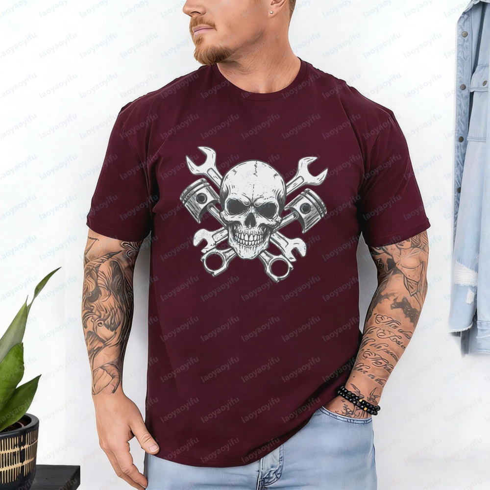 Rugged Piston Skull Graphic Apparel Tops Dark Aesthetic Cotton T-Shirt Car Enthusiast Lover Gothic Punk Casual Men's Clothing