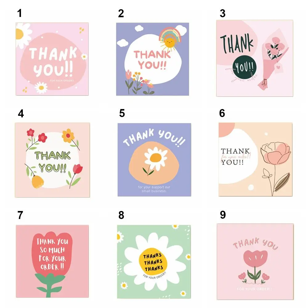 50PCS Thank You Cards Cartoon Flower Gratitude Labels Multicolor Greeting Postcards Event Ornament Home Decorations 6cm*6cm